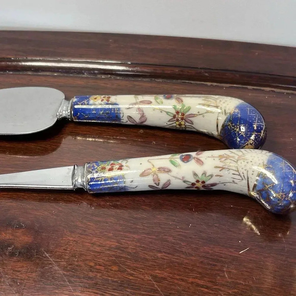 Cobalt blue Enamel Floral Charcuterie Fork & Spatula‎ Sheffield England - Picture 5 of 9